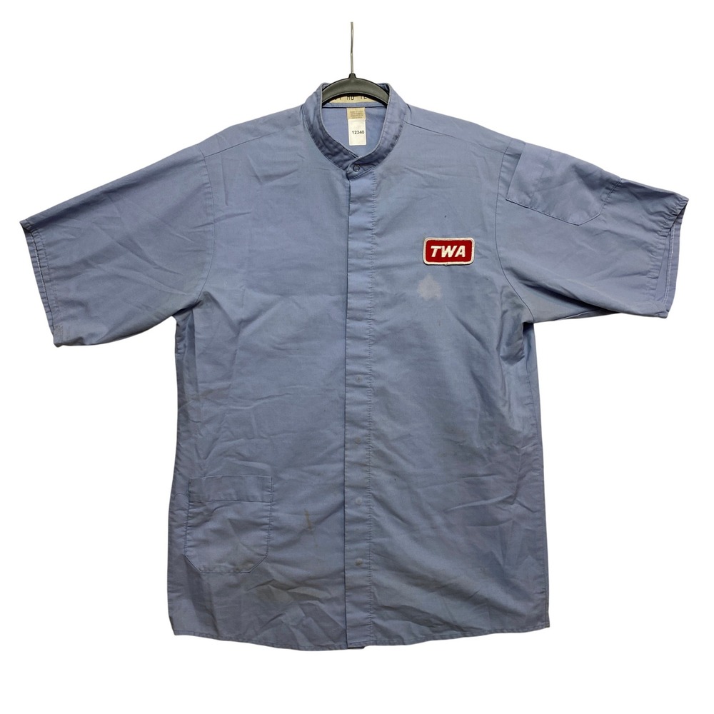 TWA Shirt Mens M Blue Vintage Aviation Uniform Patch Button-Down Workwear
